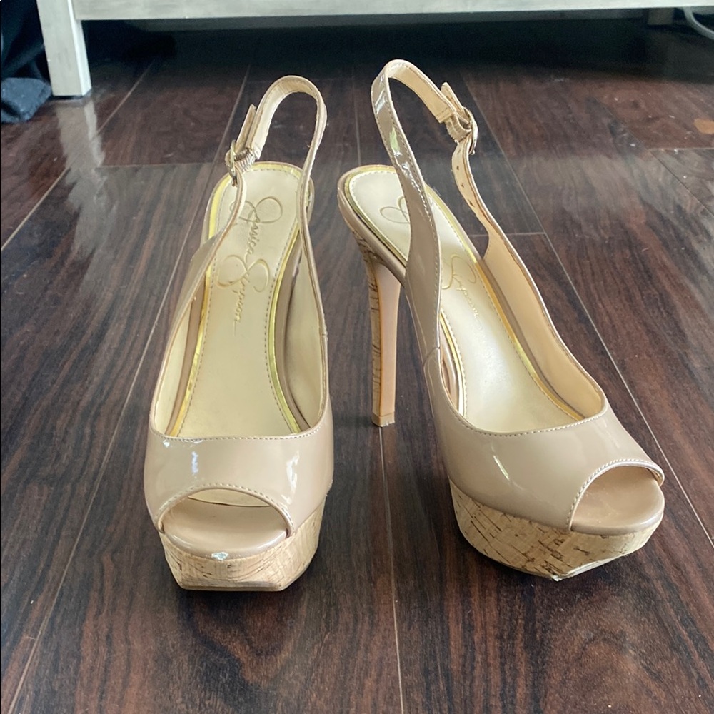 Jessica Simpson Nude Peep-Toe Slingback Heels